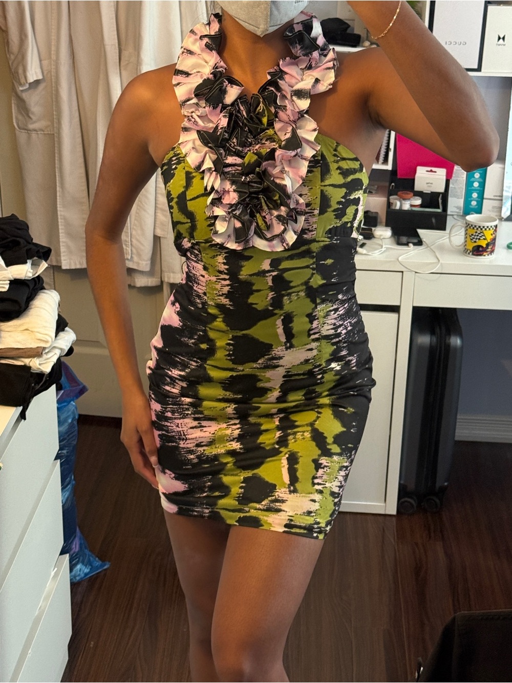Ark&Co Ruffled Halter Bodycon Dress in Olive Green and Pink vacation